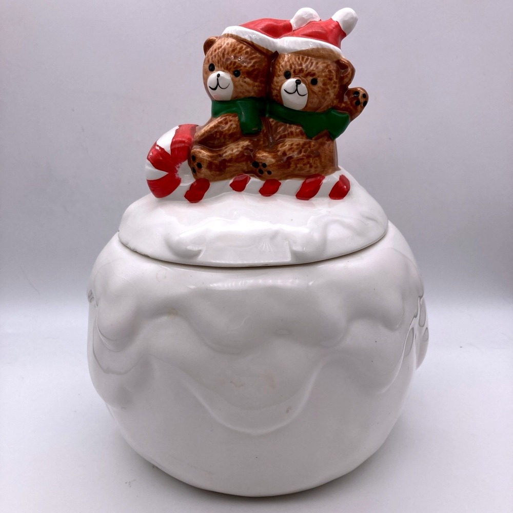 Vintage 1980s Christmas Around the World Snowball Cookie Jar Bears on Sled Snow